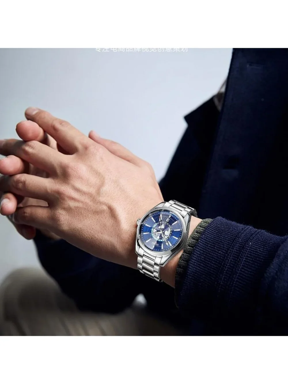 Men's Blue Silver Analog Quartz Stainless Steel Waterproof Casual Wrist Watch